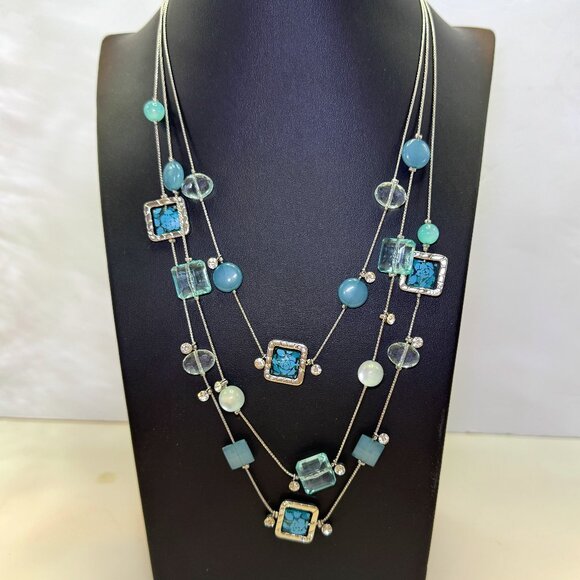 Silver Tone 3 Strands Necklace Blue Square and Round Beads clear Rhinestones - Picture 1 of 7